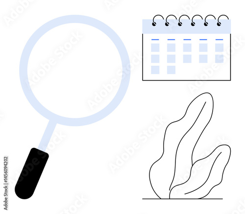 Magnifying glass, spiral-bound calendar, abstract plant. Ideal for search, analysis, schedule, focus, organization research productivity. Perfect for a simple landing page
