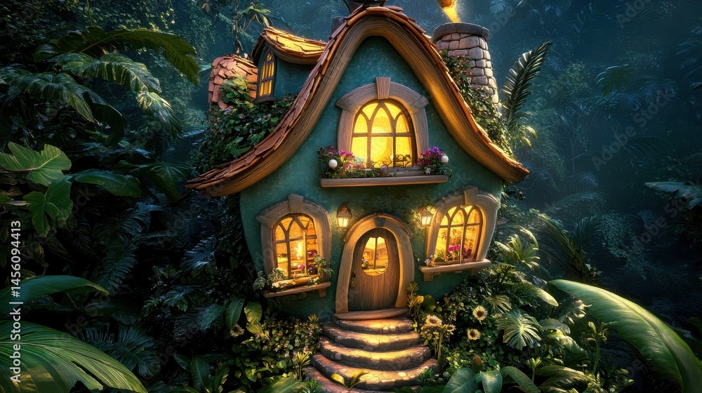 Fototapeta premium Enchanted woodland dwelling glowing warmly amidst lush greenery evokes whimsical escapism and fairytale inspiration for storybook themes