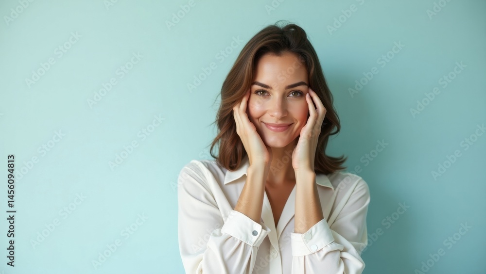Sleep Divorce. Smiling brunette woman white shirt hands face blue back Sleep Divorce. Smiling brunette woman white shirt hands face blue back