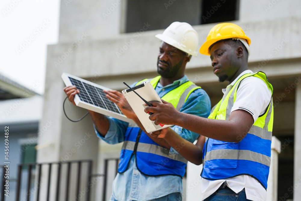 Two engineers inspecting a small solar panel and tablet on a construction site, discussing renewable energy system installation for sustainable housing. Two engineers inspecting a small solar panel and tablet on a construction site, discussing renewable energy system installation for sustainable housing.