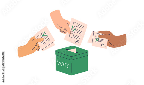 Hands casting paper ballots into vote box during election. Voters with democratic choice, electing candidates. Political campaign, poll concept. Flat vector illustration isolated on white background