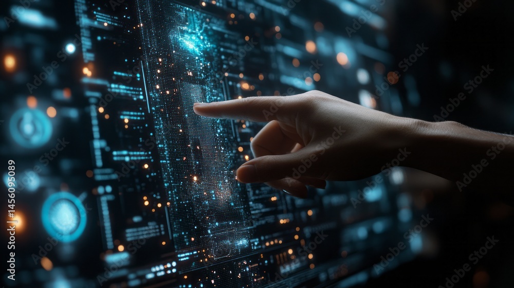 A close-up view of a hand interacting with a futuristic digital interface. A close-up view of a hand interacting with a futuristic digital interface.