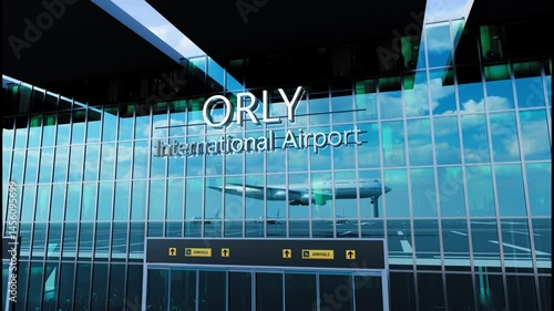 Airlane landing at Orly Airport. Arrival in the city with reflection of airport and aircraft