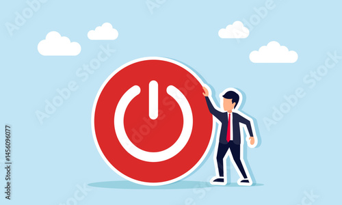 Businessman standing next to a shut down button, illustration of a company in a worrying state of closure and bankruptcy