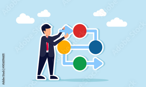 Businessman arranging arrows from a path or flowchart, illustration of designing and formulating strategies to complete a business project