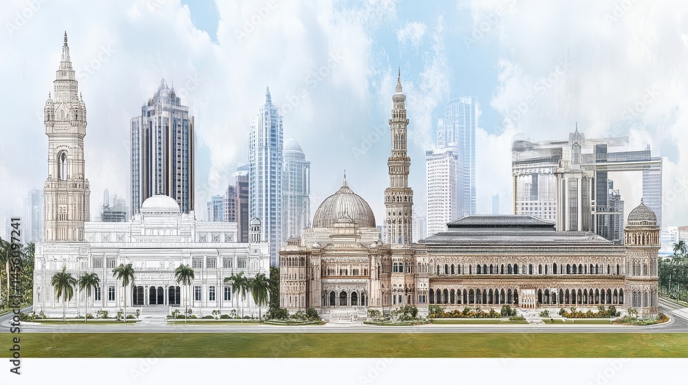 Obraz premium Modernity meet tradition breathtaking skyline featuring classical architecture interwoven with contemporary skyscrapers in asian city