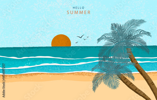 summer landscape grain texture background with beach and palm leaves for horizontal design