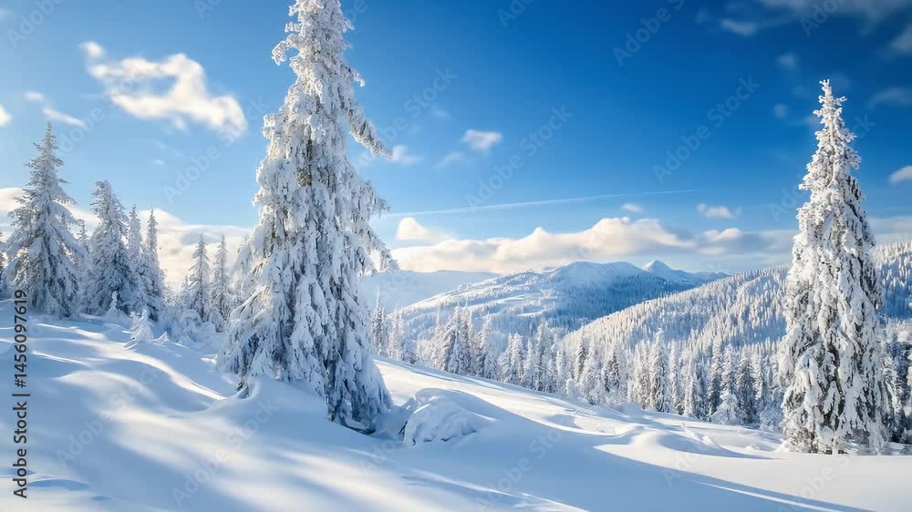 Snow Covered Evergreen Trees Under Bright Blue Sky White Snow Mountain Landscape Snow Covered Evergreen Trees Under Bright Blue Sky White Snow Mountain Landscape