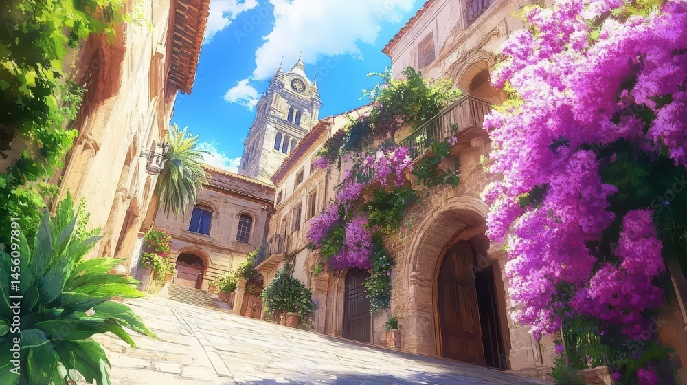Obraz premium Picturesque village scene with vibrant bougainvillea a charming european street under a blue sky offering an idyllic travel destination