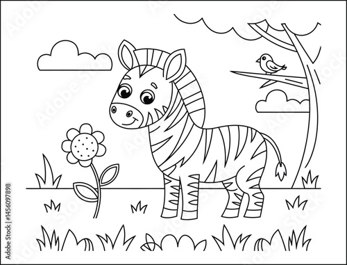 Cute Zebra Coloring Page African Savanna Animal Illustration