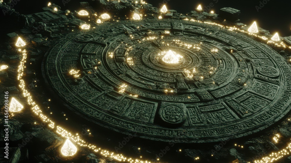 Fototapeta premium Mystical ancient structure with glowing accents evoking cosmic secrets and spiritual significance a textured landscape background