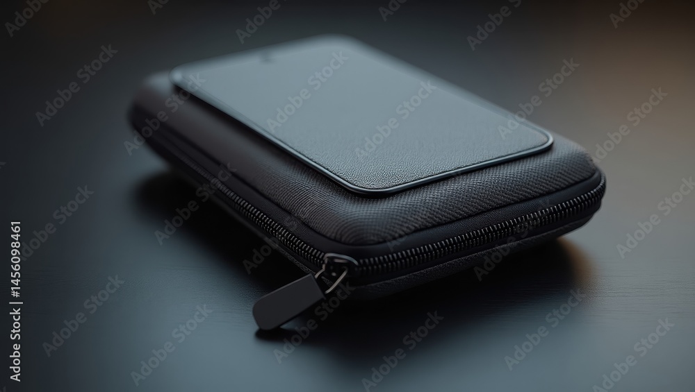 Small Tech Pouch. Portable tech essentials. Trend product close-up. Small, sleek tech pouch holds phone and essential items on clutter-free table surface. Small Tech Pouch. Portable tech essentials. Trend product close-up. Small, sleek tech pouch holds phone and essential items on clutter-free table surface.