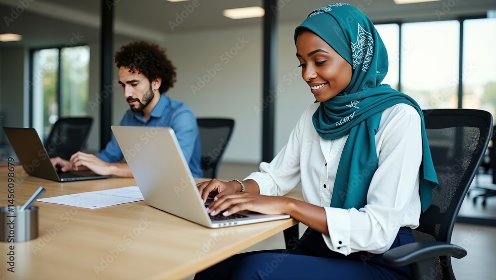 A smiling young woman in a teal hijab works on her laptop in a modern office while a man types on his computer nearby. A smiling young woman in a teal hijab works on her laptop in a modern office while a man types on his computer nearby.