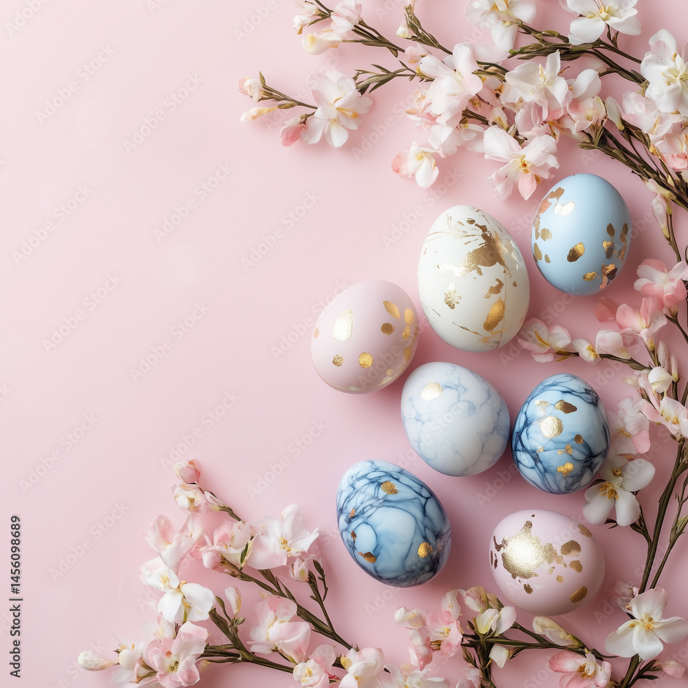 easter decoration, elegant easter eggs and spring flowers on pink paper, modern dyed blue and marble eggs happy easter greeting card template easter decoration, elegant easter eggs and spring flowers on pink paper, modern dyed blue and marble eggs happy easter greeting card template