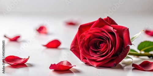 A single red rose with a few loose petals scattered around it, surrounded by a soft white background , rose, garden,  rose, garden