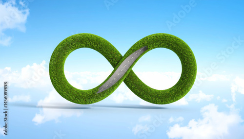creative 3D rendering of infinity symbol made of lush green grass, featuring road that symbolizes endless possibilities. bright blue sky and fluffy clouds enhance uplifting atmosphere