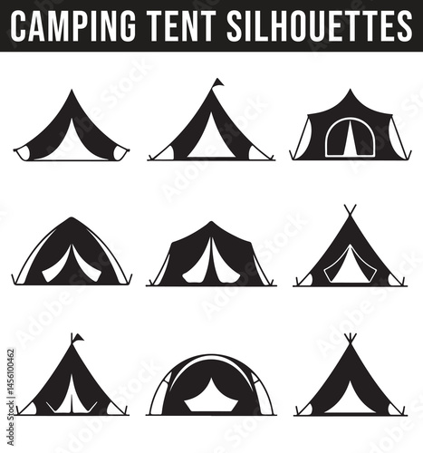 A variety of camping tents silhouettes in different designs and angles, showcasing various outdoor shelter types for adventurous outdoor experiences.