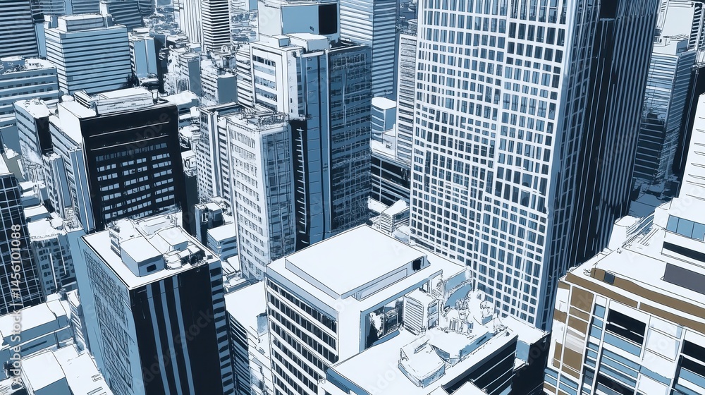 Obraz premium Aerial vista of a sprawling metropolis showcases towering skyscrapers and urban density with monochromatic blue tones and a pixelated texture