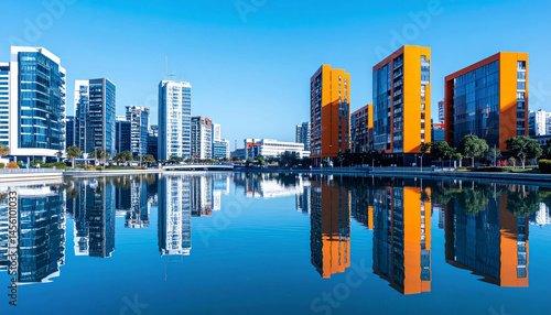 stunning urban landscape featuring geometric buildings with reflections in water, showcasing vibrant colors and modern architecture that evoke sense of tranquility and beauty