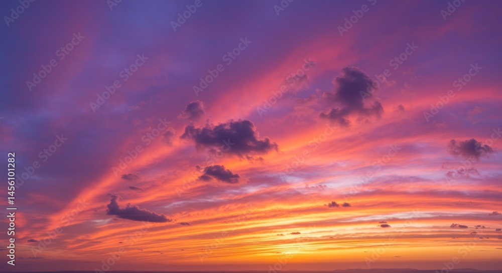 Obraz premium Fiery Sky at Dusk: A breathtaking panorama of a vibrant sunset with fiery hues of orange, pink and purple, creating a dramatic and awe-inspiring spectacle against a backdrop of clouds. 