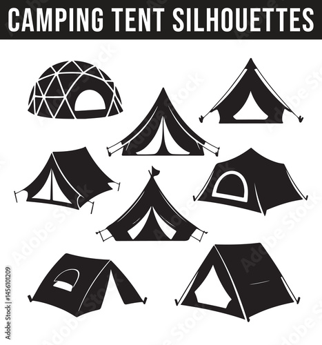 A variety of camping tents silhouettes in different designs and angles, showcasing various outdoor shelter types for adventurous outdoor experiences.