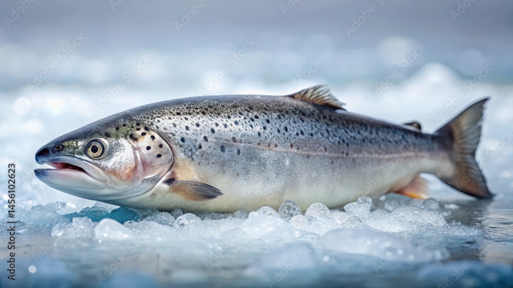 A frozen fish sea trout on ice with a natural setting and soft lighting effects A frozen fish sea trout on ice with a natural setting and soft lighting effects