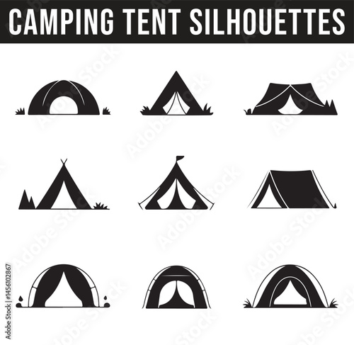 A variety of camping tents silhouettes in different designs and angles, showcasing various outdoor shelter types for adventurous outdoor experiences.