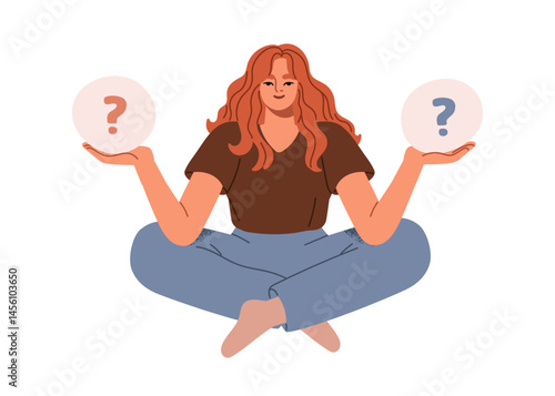 Questioning and decision-making concept. Woman holding two options to compare. Dilemma, choice, inner reflection, uncertainty and comparison. Flat vector illustration isolated on white background