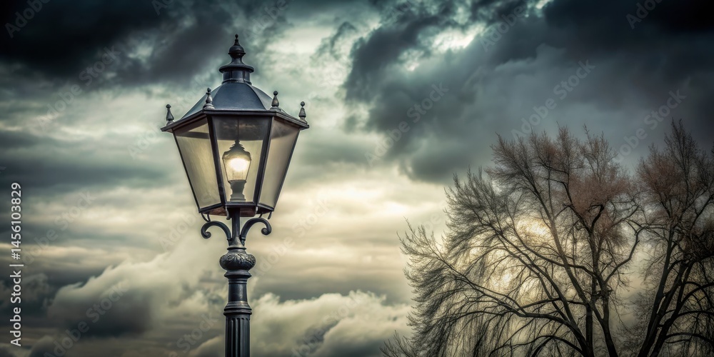 Obraz premium Old black street lamp stands alone under grey cloudy sky with scattered few trees in the background, outdoor lighting, antique street lamp