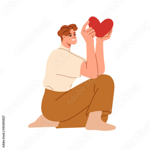 Man kneeling and holding heart. Romantic happy person confessing love, affect...
