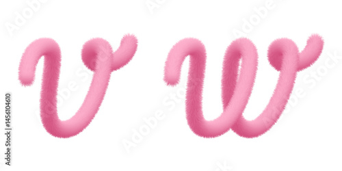 Fluffy font typescript, V W text. Furry pompon 3d typography. Hairy vector capital script, fuzzy soft plush character. Puffy toy texture. Volume letter, pink fur ribbon. Animal tail hair alphabet.