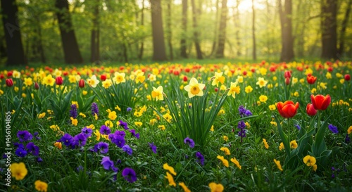 Blooming Spring Flowers in Meadow with Forest Backdrop
