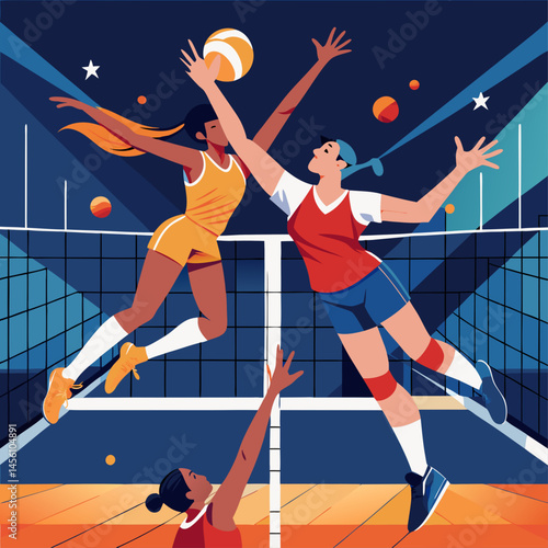 A group of women playing volleyball. One of the women is wearing a yellow shirt. The other women are wearing red shirts