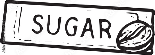A hand-drawn illustration of a sugar packet with the word "SUGAR" written on it, along with a coffee bean design, representing a simple, essential ingredient for sweetening beverages