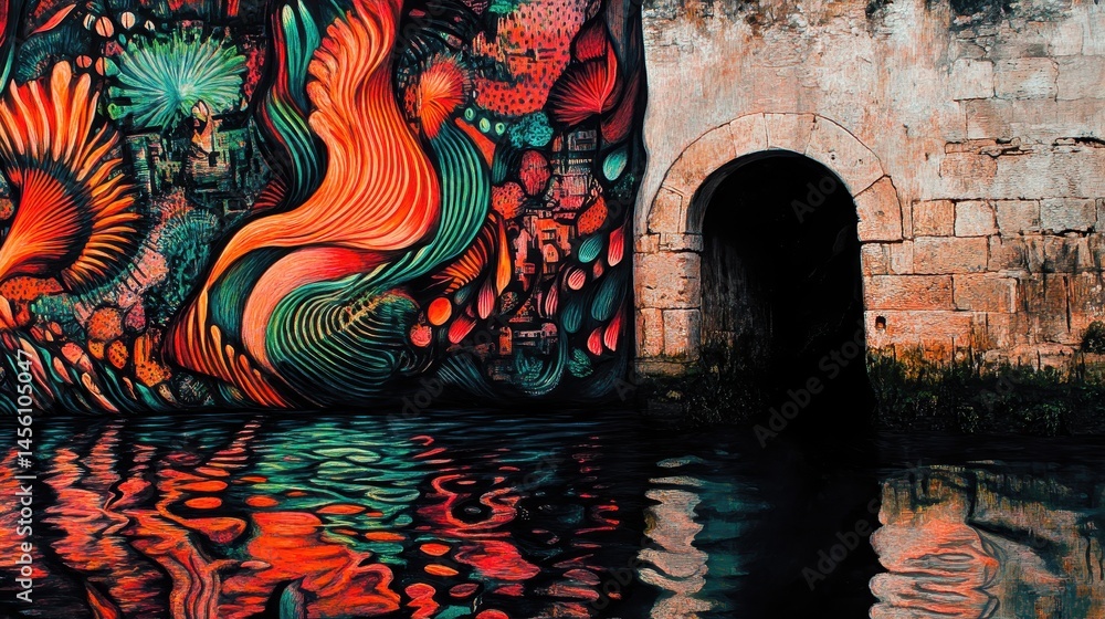 Obraz premium Ethereal muse contemplates vibrant mural at historical site a juxtaposition of human presence artistry and preservation evokes wonder