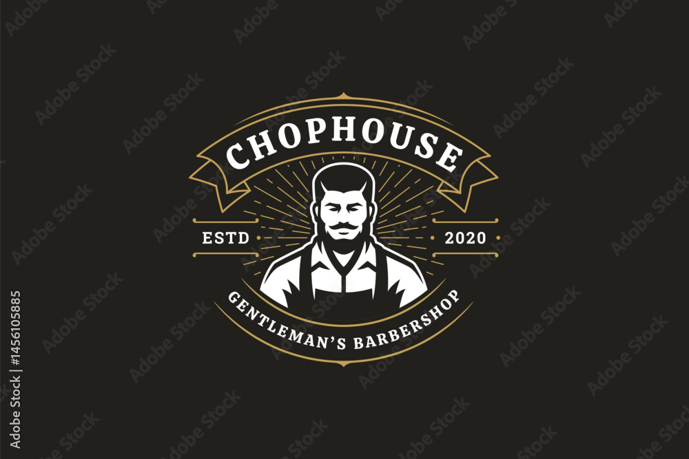 Fototapeta premium Elegant vintage logo featuring a gentlemans barbershop with retro design elements, including a beard and apron. Ideal for grooming services and fashion-oriented businesses. Vector illustration