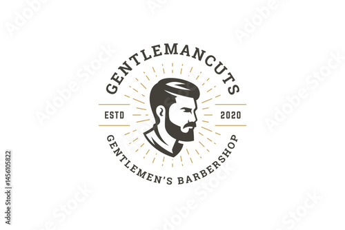 Modern barbershop logo featuring a stylish gentlemans profile, vintage rays, and classic typography. Perfect for branding a grooming service. Vector illustration
