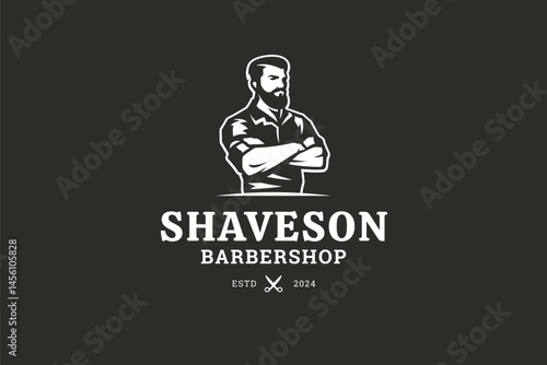 Professional barbershop logo featuring a bearded man in a retro style, with a vintage emblem and grooming service text. Vector illustration.