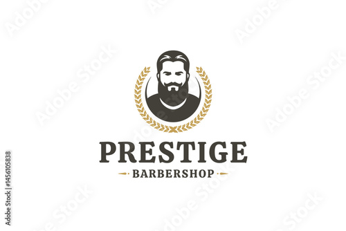 Elegant barbershop logo featuring a gentlemans portrait surrounded by a laurel wreath. Retro and vintage style, perfect for branding. Vector illustration