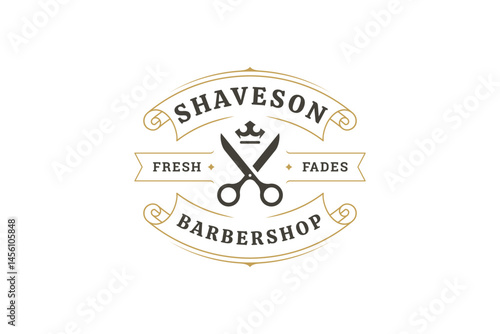 Stylish barber shop logo featuring scissors, crown, and elegant typography in vintage style. Perfect for grooming services and fashion-forward businesses. Vector illustration