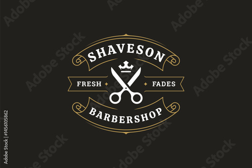 Elegant vintage barber shop logo featuring scissors and razor, with gold accents and classic typography. Perfect for grooming services, hairdressing, and fashion businesses. Vector illustration