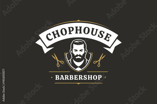 Elegant barbershop logo featuring a vintage shield design with a stylized mans face, crossed scissors, and a retro banner. Perfect for grooming services. Vector illustration