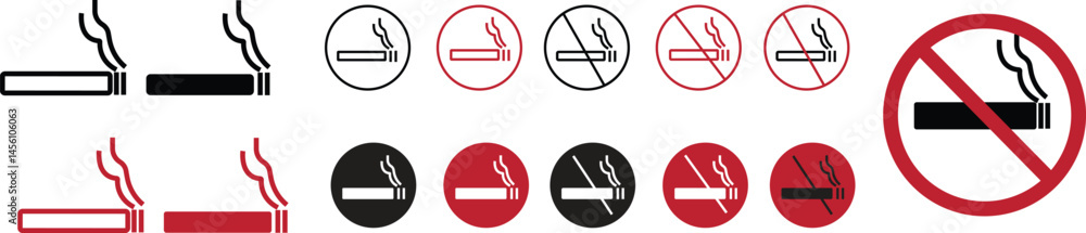 No smoking symbol icons set. Stop or forbidden tobacco. Warning and prohibited for health icon collection. Smoking Unhealthy, nicotine. Addiction concepts. cigarette vape No smoking symbol icons set. Stop or forbidden tobacco. Warning and prohibited for health icon collection. Smoking Unhealthy, nicotine. Addiction concepts. cigarette vape