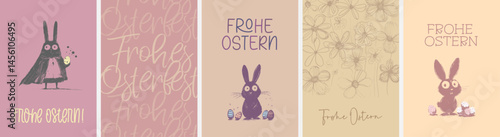 5 moderne und süße Grußkarten zu Ostern in deutscher Sprache und im Din Format. 
Moderne perfekte Typo + harmonische Farben + Motive mit Beschnitt + Alle Elemente einzeln selektierbar
