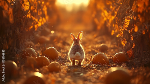 Rabbit ventures into pumpkin patch at golden hour with nature's glow