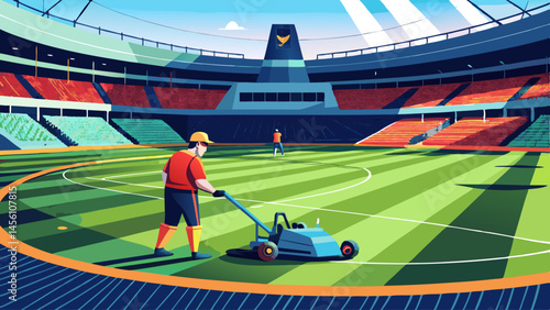 A man is pushing a lawn mower on a field. The field is a stadium with a large crowd of people watching