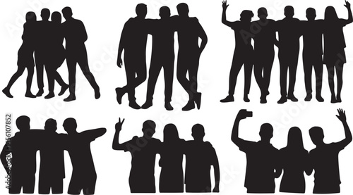 Silhouette Pack of Friends in Group Poses Hugging and Taking Selfies for Social Connection and Team Spirit Themes