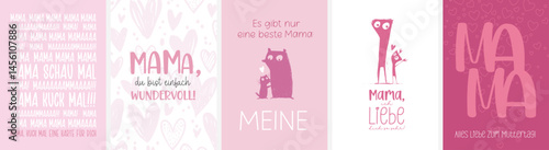 5 moderne und süße Dankeskarten  zum 
Muttertag in deutscher Sprache und im Din Format. 
Moderne perfekte Typo + harmonische Farben + Motive mit Beschnitt
