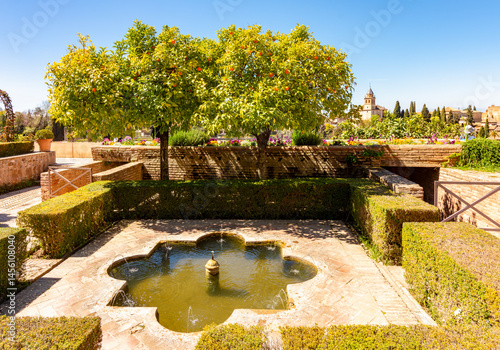 Fountains in Generalife gardens at Alhambra, Granada, Spain