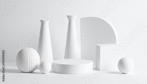 still life composition featuring various white objects arranged white background, creating serene and minimalist aesthetic. shapes include vases, spheres, and geometric forms, evoking sense